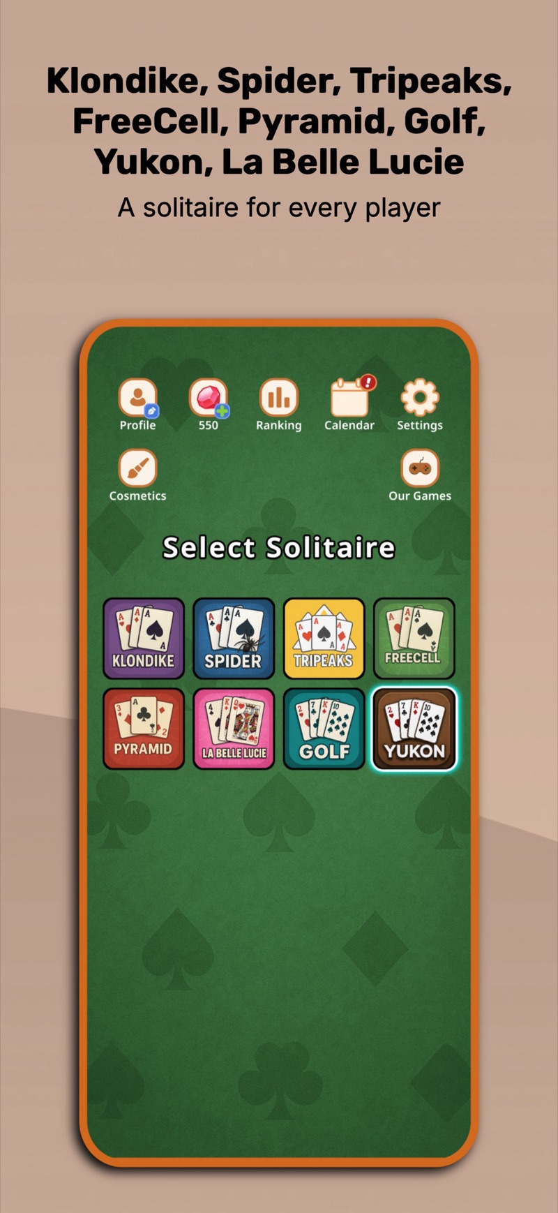 Solitaire Suite game selection screen